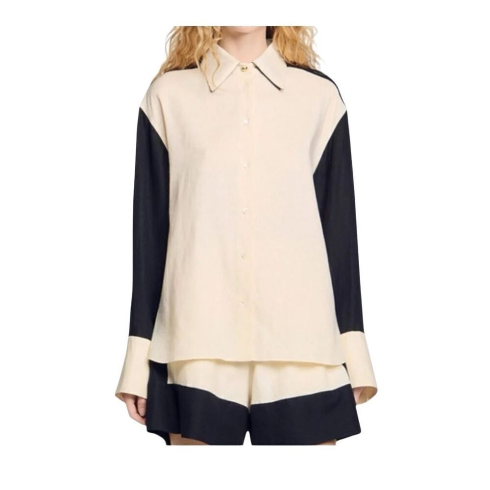 SANDRO Two-Tone Long-Sleeve Linen-Blend Shirt   Sz: S